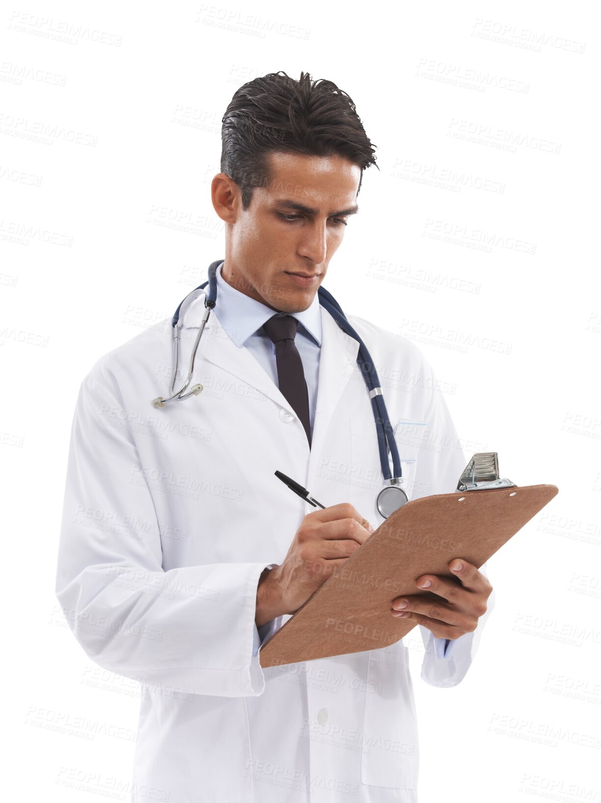 Buy stock photo Man, doctor and writing prescription on clipboard for results isolated on a transparent PNG background. Male person, medical or healthcare professional taking notes for diagnosis, inspection or plan