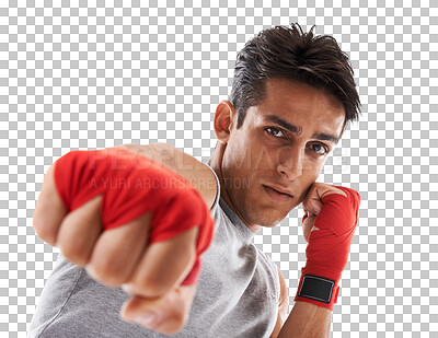 Buy stock photo Fist, martial arts and fitness, man in portrait with training and fight, boxing and health isolated on png transparent background. MMA, fighter and workout in gym with exercise for self defense