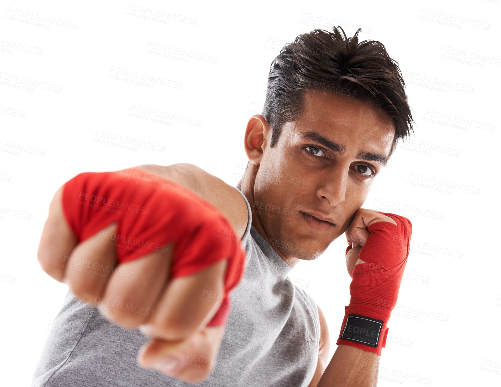 Buy stock photo Fist, martial arts and fitness, man in portrait with training and fight, boxing and health isolated on png transparent background. MMA, fighter and workout in gym with exercise for self defense