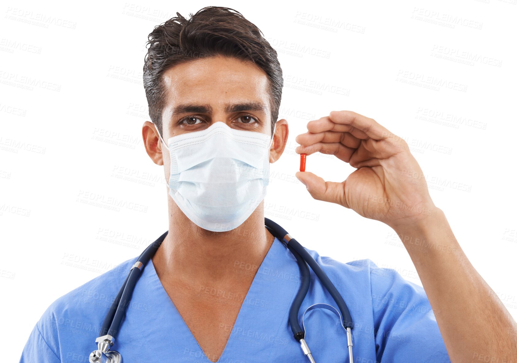 Buy stock photo Face mask, portrait and doctor with a pill for healthcare, pharmaceutical choice or recommendation. Safety, medicine and a male nurse with a tablet for covid isolated on a transparent png background