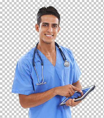 Buy stock photo Happy man, portrait and doctor with tablet for research or results isolated on a transparent PNG background. Male person, medical nurse or healthcare surgeon smile with technology for Telehealth app