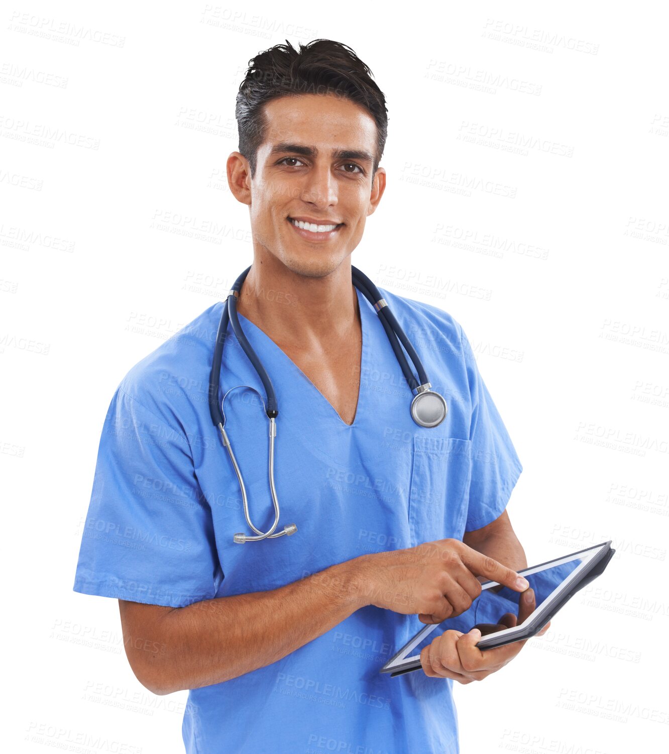 Buy stock photo Happy man, portrait and doctor with tablet for research or results isolated on a transparent PNG background. Male person, medical nurse or healthcare surgeon smile with technology for Telehealth app