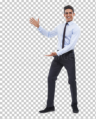 Buy stock photo Portrait, business and man with presentation, smile and career isolated on transparent background. Person, employee or entrepreneur with ideas, financial analyst and opportunity with png or corporate