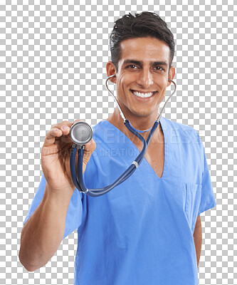 Buy stock photo Portrait, smile of man and nurse with stethoscope in hospital for heart, health or wellness. Face, happy medical professional and cardiology tools of employee isolated on a transparent png background