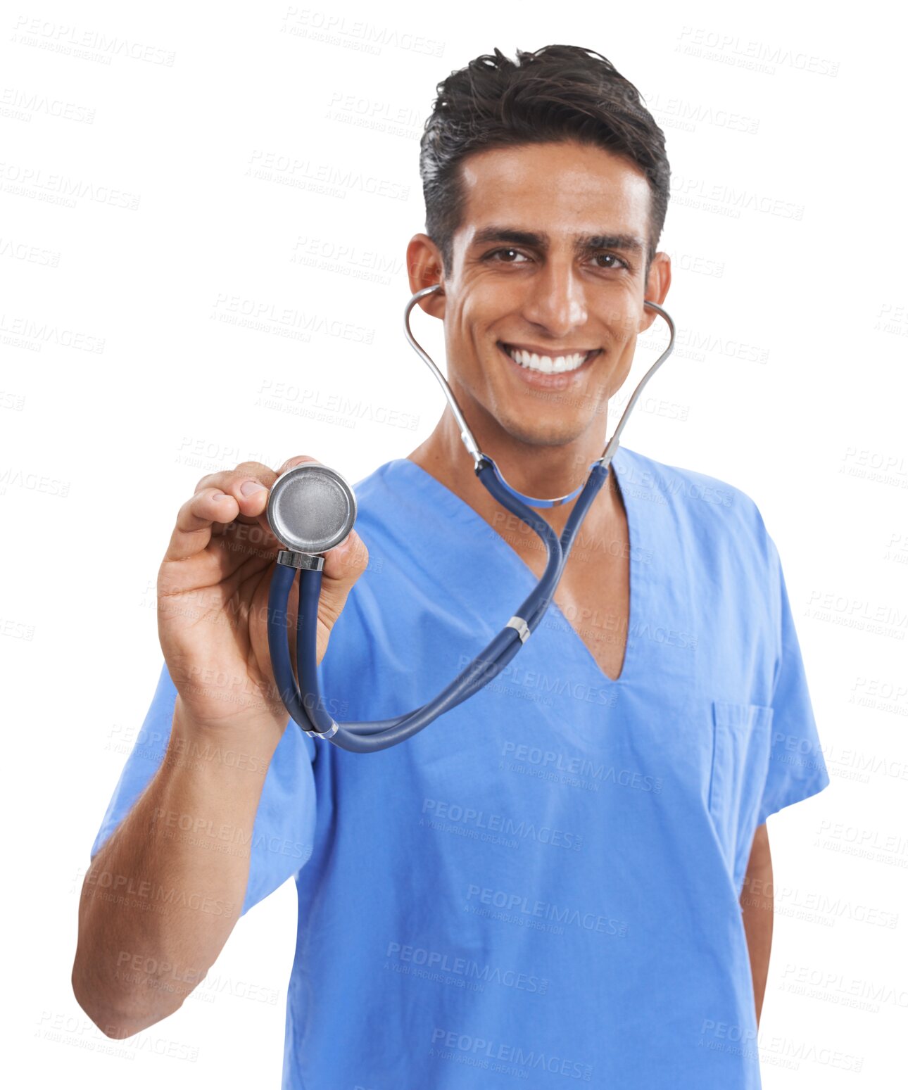 Buy stock photo Portrait, smile of man and nurse with stethoscope in hospital for heart, health or wellness. Face, happy medical professional and cardiology tools of employee isolated on a transparent png background