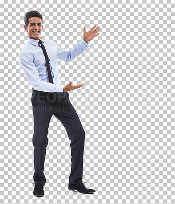 Buy stock photo Business, presentation and face of man in studio with hands for news offer on isolated, transparent or png background. Recruitment, we are hiring and guy entrepreneur show sign steps, menu or process