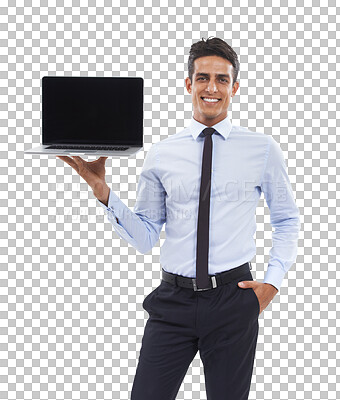 Buy stock photo Laptop, screen and portrait of business man with space for recruitment deal on isolated, transparent or png background. we are hiring, faq and face of guy entrepreneur with sign up application offer 