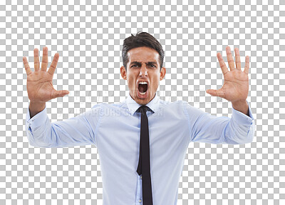 Buy stock photo Angry, stop and portrait or business man with hands, shout or caution on isolated, transparent or png background. Protest, palm and face of male entrepreneur with emoji no, rejection or warning vote