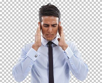 Buy stock photo Stress, anxiety and business man in studio with headache on isolated, transparent and png background. Work, burnout and male entrepreneur with temple massage for migraine, vertigo or brain fog crisis