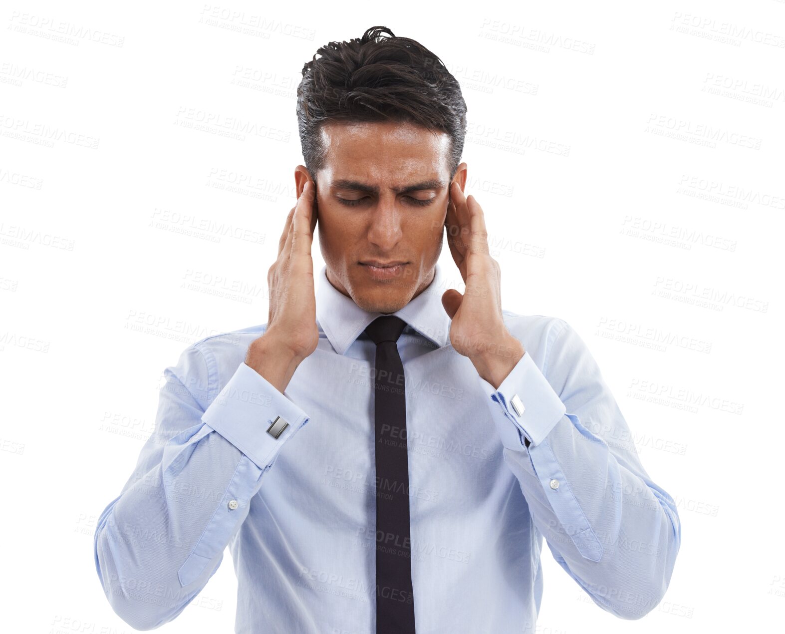 Buy stock photo Stress, anxiety and business man in studio with headache on isolated, transparent and png background. Work, burnout and male entrepreneur with temple massage for migraine, vertigo or brain fog crisis