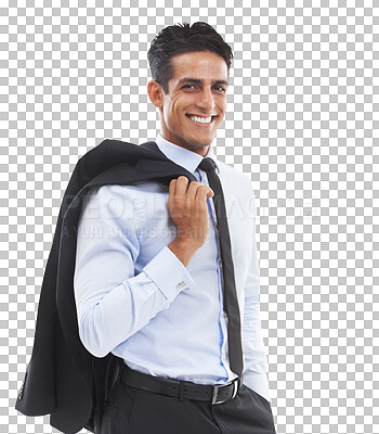 Buy stock photo Portrait, happy and confident business man isolated on a transparent png background in office, company and workplace. Professional lawyer, employee and corporate worker smile in Brazil for career