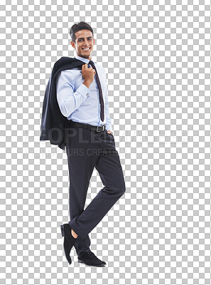 Buy stock photo Portrait, happy and confident business man isolated on a transparent png background in office, company and workplace. Professional lawyer, employee smile and corporate worker in Brazil for career