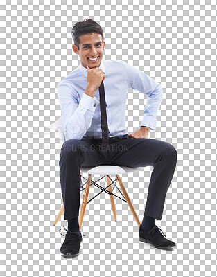 Buy stock photo Happy, portrait and business man on chair isolated on a transparent png background in office, company and workplace. Professional lawyer, employee and corporate worker smile in Brazil for career.