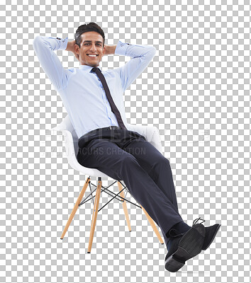 Buy stock photo Portrait, smile and a chair to relax with a businessman isolated on a transparent background for success. Smile, professional and confident with a happy young employee sitting on a seat on PNG