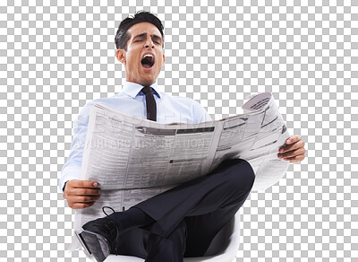 Buy stock photo Tired business man, relax and newspaper for corporate news, reading fatigue or bored with career. Worker with job search on print paper, yawning for information isolated on transparent png background