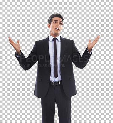 Buy stock photo Confused, hands and business man with why emoji for faq or how to on isolated, transparent and png background. Questions, doubt and male entrepreneur with brainstorming palm scale, decision or choice