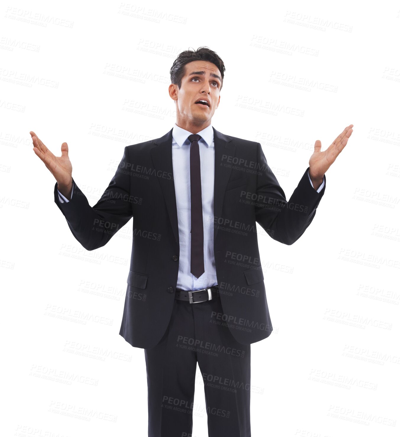 Buy stock photo Confused, hands and business man with why emoji for faq or how to on isolated, transparent and png background. Questions, doubt and male entrepreneur with brainstorming palm scale, decision or choice