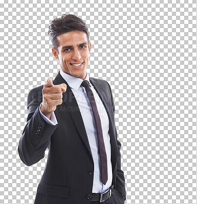 Buy stock photo Business, portrait and man with hand pointing to you for hiring choice on isolated, transparent or png background. Recruitment, deal and face of male entrepreneur with emoji vote, decision or welcome