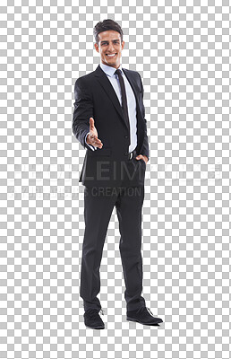 Buy stock photo Portrait, welcome and business man with handshake offer on isolated, transparent or png background. Hiring, deal or male entrepreneur with shaking hands, emoji or invitation to b2b onboarding process