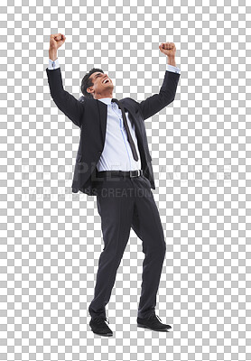 Buy stock photo Business, success and man with winner fist for wow news on isolated, transparent and png background. Startup, loan and male entrepreneur excited for job promotion, deal or hiring, opportunity or goal