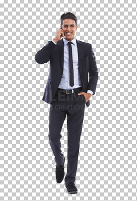 Buy stock photo Business man, portrait and communication with phone call for consulting, chat and isolated on transparent png background. Happy worker, walking and mobile contact for feedback, talking or negotiation