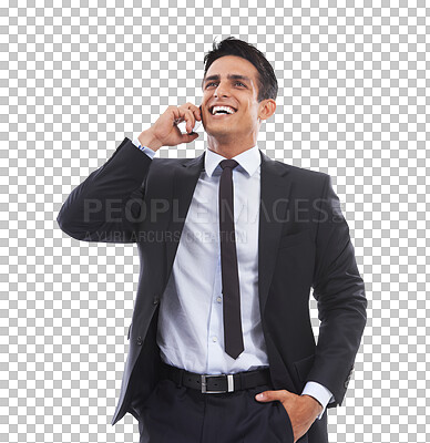 Buy stock photo Business man, smile and communication with phone call for consulting, chat and isolated on transparent png background. Happy corporate worker, mobile and thinking of feedback, negotiation and contact