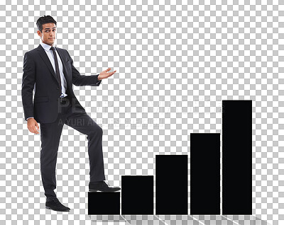 Buy stock photo Business man, climbing and corporate ladder with confidence isolated on transparent png background. Worker, growth mindset and graph with mission for achievement or opportunity in career or success