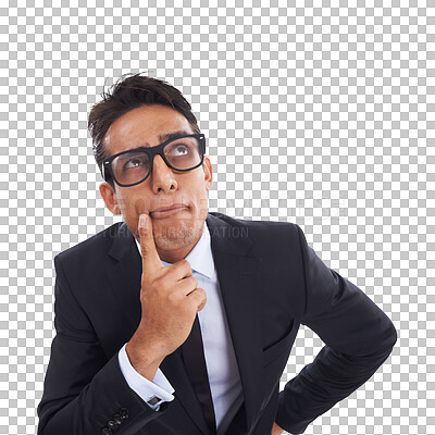 Buy stock photo Business, questions and face of man with thinking emoji on isolated, transparent and png background. Why, idea and male entrepreneur with doubt gesture for faq, ask or decision, choice or planning