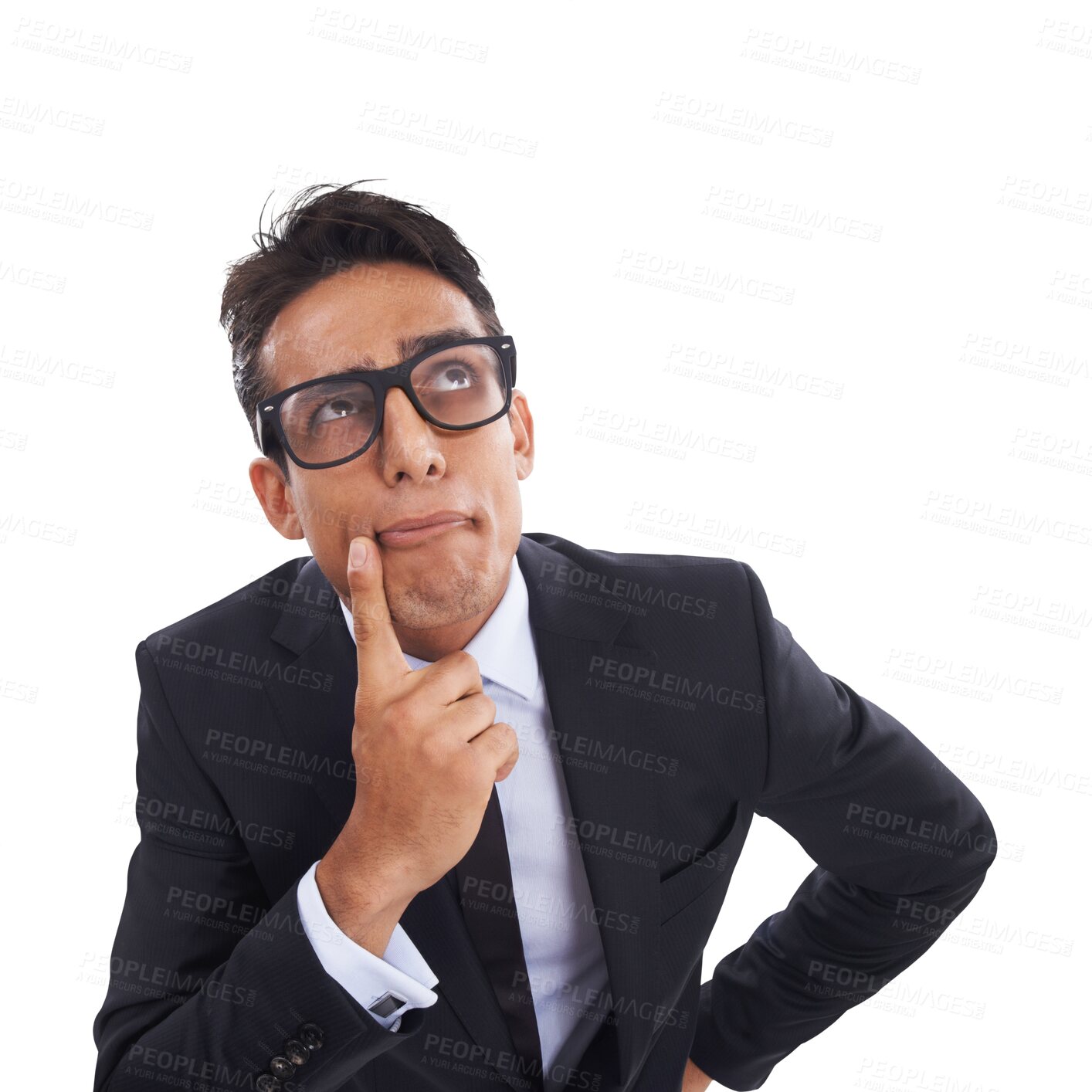 Buy stock photo Business, questions and face of man with thinking emoji on isolated, transparent and png background. Why, idea and male entrepreneur with doubt gesture for faq, ask or decision, choice or planning