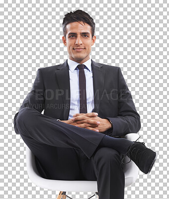 Buy stock photo Portrait, smile and business man on chair isolated on a transparent png background in office, company and workplace. Happy professional lawyer, confident employee and corporate worker in Brazil