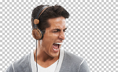 Buy stock photo Man, headphones and singing with energy and music isolated on a transparent png background. Male model, audio and listening with track list for stress relief, excited or dance for entertainment


