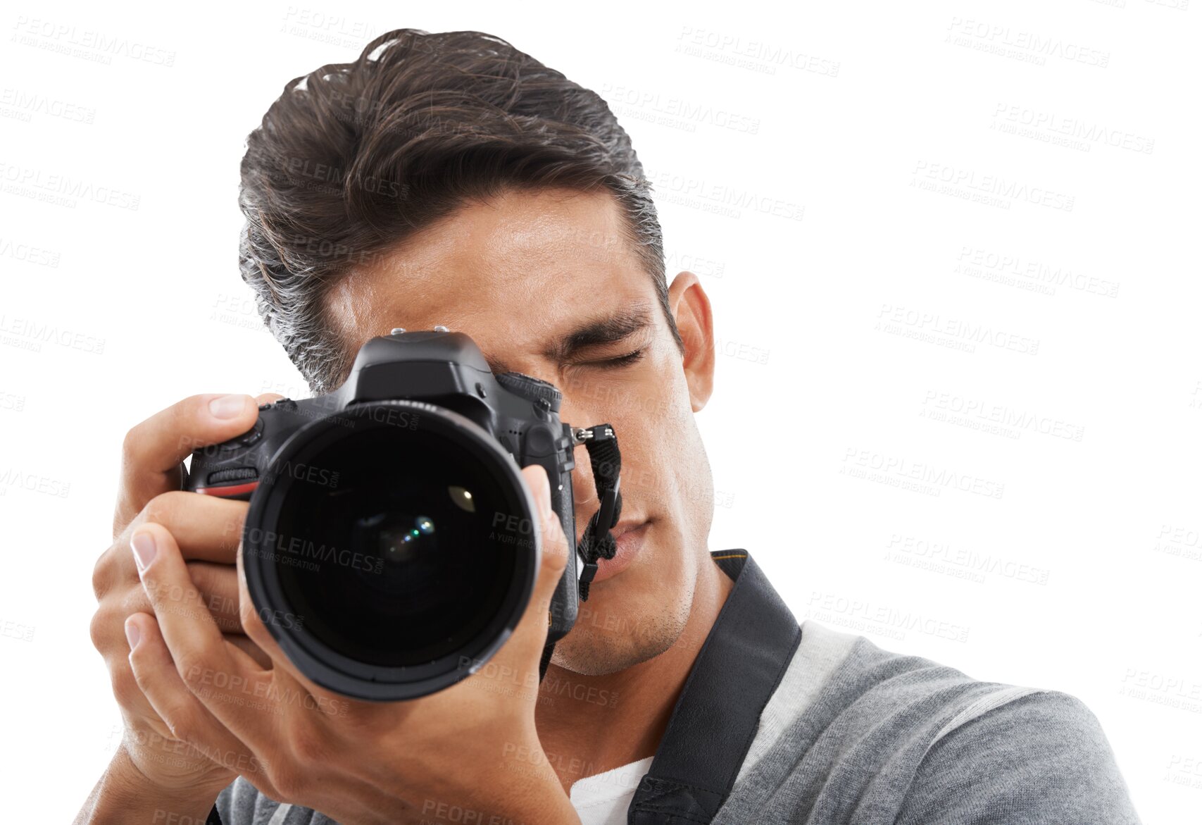 Buy stock photo Digital photography, camera and man isolated on transparent png background for photoshoot, creative media and paparazzi. Reporter, journalist and tools of photographer for production, lens and blog 