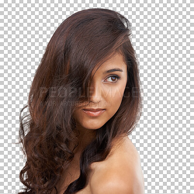 Buy stock photo Face, hair and beauty with a woman thinking while isolated on a transparent background for shampoo treatment. Salon, growth and idea with a confident young model on PNG for luxury haircare aesthetic