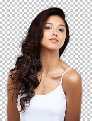 Buy stock photo Portrait, beauty and hair with a natural woman isolated on a transparent background for shampoo treatment. Face, salon or keratin haircare with a confident young model on PNG for luxury wellness