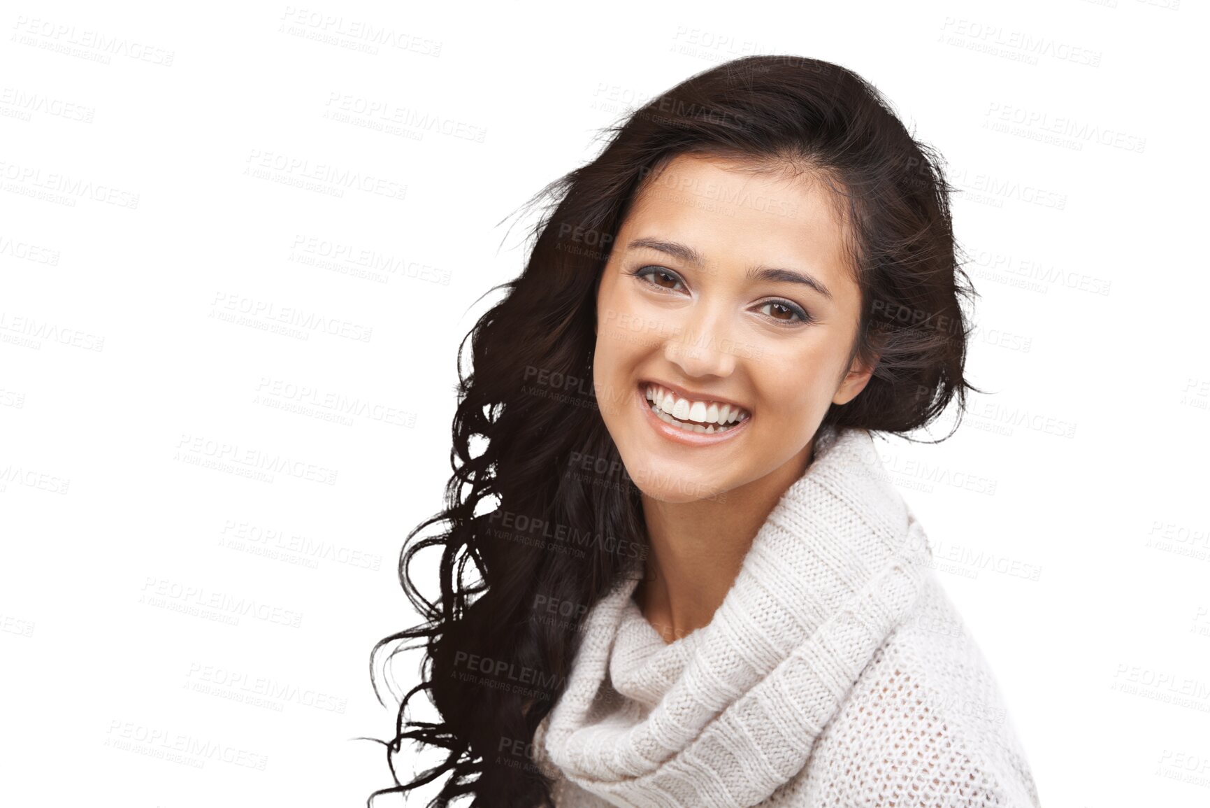 Buy stock photo Portrait, smile and hair with a woman beauty isolated on transparent background for shampoo or natural treatment. Face, salon or aesthetic haircare with a happy young model on PNG for luxury wellness