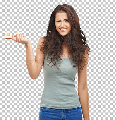 Buy stock photo Woman, portrait and hair as confused, comb, and isolated on a transparent png background. Indian, annoyed face and frustrated with healthy treatment growth, beauty salon and brown curly hairstyle