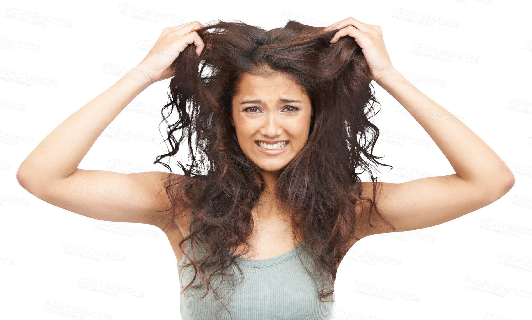 Buy stock photo Hair care, crazy and portrait of young woman with frizzy, ugly and curly hairstyle for salon treatment. Upset, frustration and female model with messy hair isolated by a transparent png background.