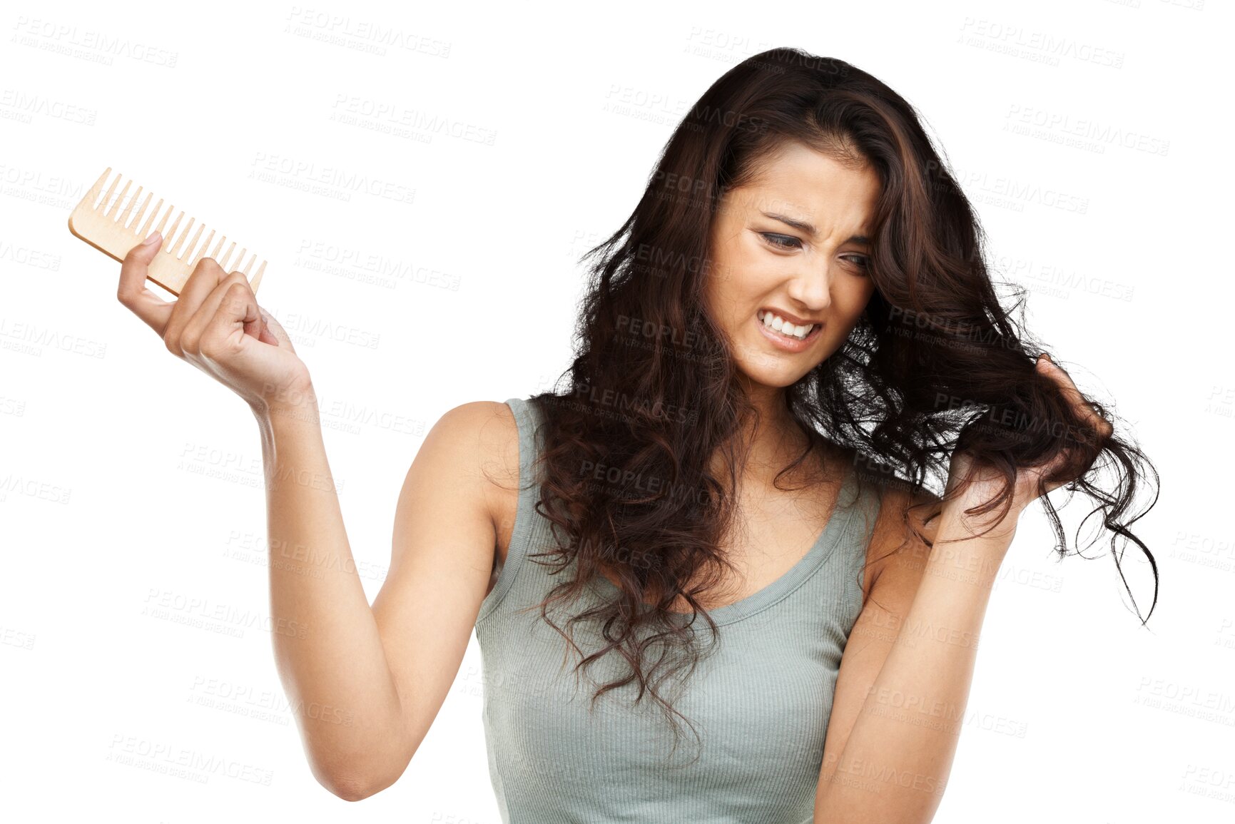 Buy stock photo Comb, frustration and young woman with frizz, ugly and curly hairstyle for salon treatment. Upset, beauty and upset female model with messy hair from stress isolated by a transparent png background.