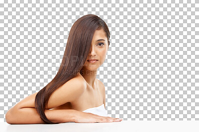 Buy stock photo Portrait, natural beauty and hair with a woman isolated on a transparent background for shampoo treatment. Face, keratin or aesthetic haircare with a confident young model on PNG for luxury wellness