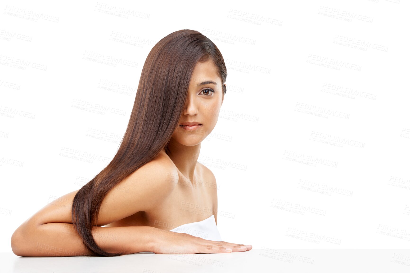 Buy stock photo Portrait, natural beauty and hair with a woman isolated on a transparent background for shampoo treatment. Face, keratin or aesthetic haircare with a confident young model on PNG for luxury wellness