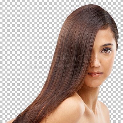 Buy stock photo Portrait, beauty and natural hair with a woman isolated on a transparent background for shampoo or treatment. Face, salon or keratin haircare with a confident young model on PNG for luxury wellness