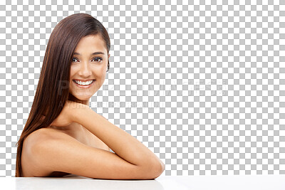 Buy stock photo Portrait, growth and hair with the smile of a woman isolated on transparent background for shampoo or natural treatment. Face, beauty or keratin haircare with a young model at a luxury salon on PNG