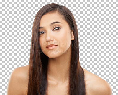 Buy stock photo Portrait, beauty and hair with a confident woman isolated on a transparent background for shampoo or natural treatment. Face, salon or aesthetic haircare with a young model on PNG for luxury wellness