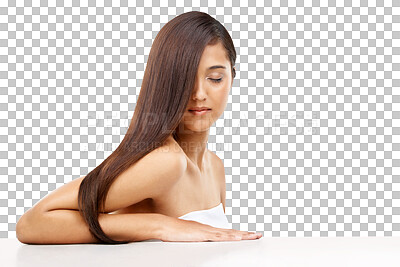 Buy stock photo Face, beauty and hair with a woman isolated on a transparent background for shampoo or keratin treatment. Natural, salon or aesthetic haircare with a confident young model on PNG for luxury wellness