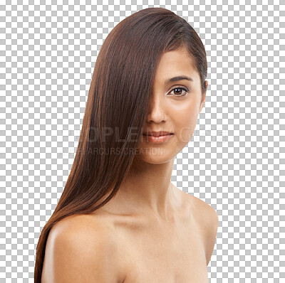 Buy stock photo Portrait, beauty and hair with a woman on PNG for shampoo or natural treatment. Face, salon or aesthetic haircare with a confident young model isolated on a transparent background for luxury wellness