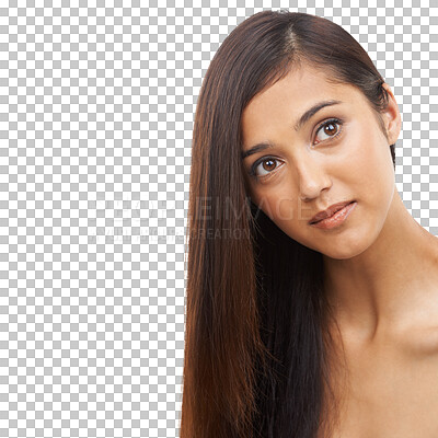 Buy stock photo Hair care, face and woman with salon glow for brazilian or keratin treatment in studio isolated on png transparent background. Cosmetology, beauty and person for luxury growth product and texture