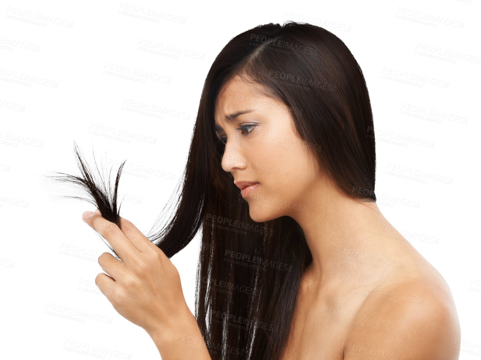 Buy stock photo Woman, split ends and hair in beauty with collagen, keratin treatment or texture on isolated, transparent or png background. Salon, haircare or person with damaged hairstyle from haircut or cosmetics