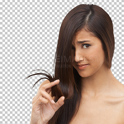 Buy stock photo Hair, portrait and woman with split ends or beauty with collagen, keratin or treatment on isolated, transparent or png background. Salon, haircare or person with damaged hairstyle, haircut or texture