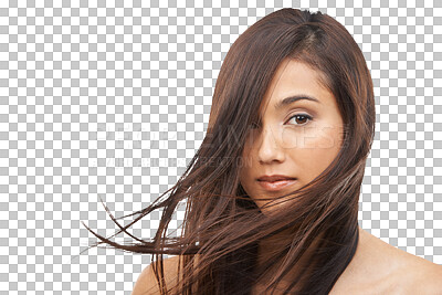 Buy stock photo Face, hair care and woman with salon glow for brazilian or keratin treatment in studio isolated on png transparent background. Cosmetology, portrait and person for luxury growth product and texture