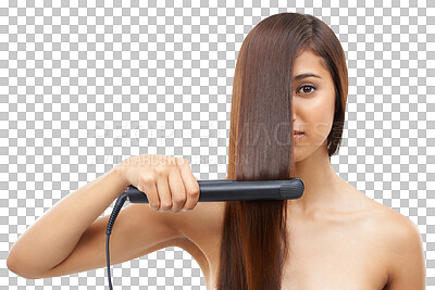 Buy stock photo Portrait, hair iron or woman with beauty in salon isolated on transparent background for shampoo treatment. Natural hairstyle, straightener or confident model on PNG for luxury haircare cosmetics